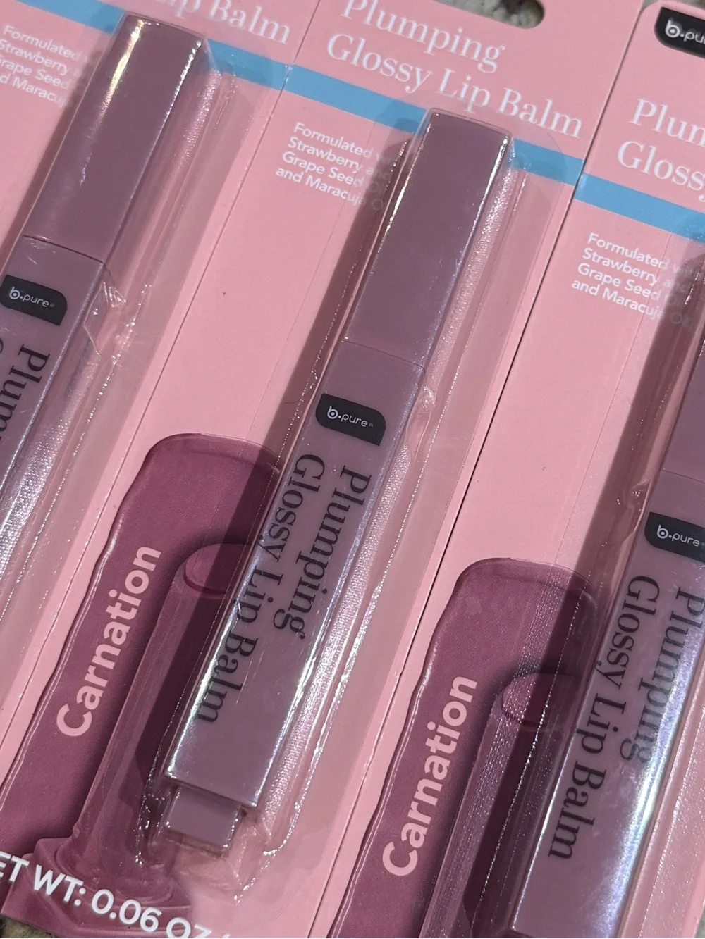 B PURE Plumping Glossy Lip Balm — Carnation X 3 Bundle